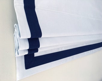 Cordless Roman Shade, Custom Roman shade, White Shade with 2&quot; Navy border, cordless roman shade, Roman Shades for Windows, Window Treatments