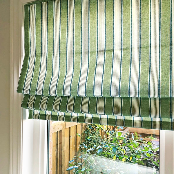 Custom order: Relaxed Roman Shades , with chain mechanism, Greenery Stripe by Spoonflower, window treatments