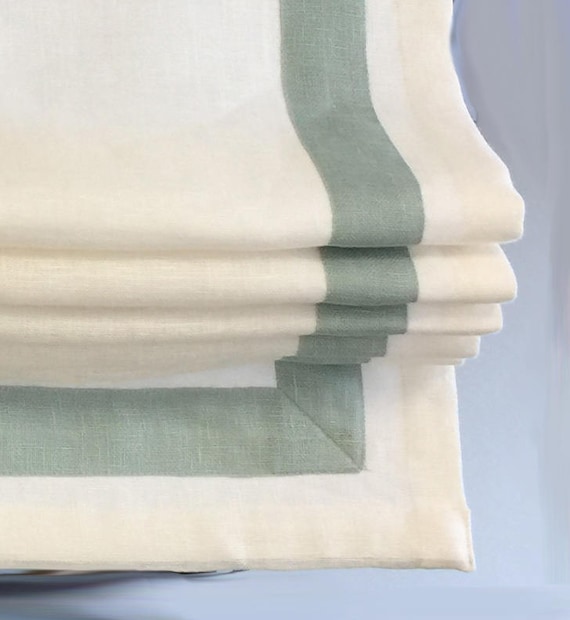 Linen Roman Shade, Cordoba Bunting White with Rendezvous Border