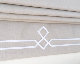 Linen Roman Shade, Tuscany Fabric with White Double Ribbon Design, Custom Window Treatment