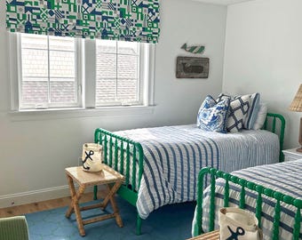 Custom Roman Shade in Nautical Flags Patchwork | Coastal Window Treatment | Green and Navy Maritime Design | Handmade Faux Roman Valance