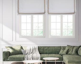 Custom Faux Roman Shade, White Linen Valance with Border