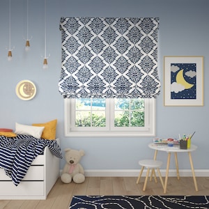 Custom order: Relaxed Roman Shades , with chain mechanism, Modern Damask in Navy by Spoonflower, window treatments