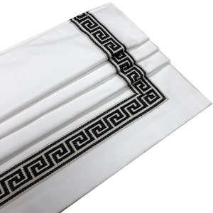 Faux Roman Shade, Faux Relaxed Shade "Cheval White with Decorative Greek Key Trim", custom valance, custom faux shade, window treatment