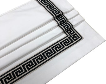 White Faux Roman Shade with Black Greek Key Trim, Custom Valance