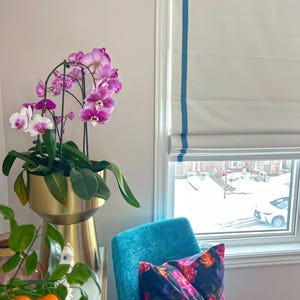 Custom Relaxed Roman Shade with Decorative Border |  Window Treatment with Chain | Blue and White Roman Blind | Linen Fabric | Made to Order