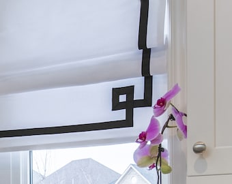 Relaxed Roman Shade, White Linen with Black Greek Key Border, Custom Window Treatment