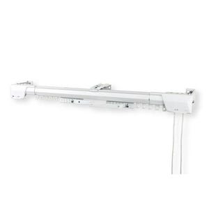 May include: A white, metal curtain rod with a track system. The rod has a rectangular profile with a series of small, evenly spaced hooks along the bottom edge. The rod is mounted on a white wall and has a pulley system with two white cords.