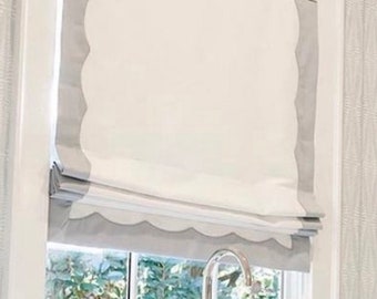 Cordless Roman Shade, White roman shade with Wave decorative borders, Relaxed Roman shades, 100% linen shades, custom window treatments