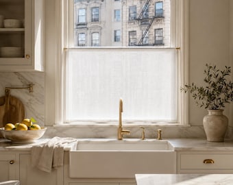 Sheer Linen Cafe Curtains, Custom Kitchen Tier Panel Made to Order, Flat Style Rod Pocket Cafe Curtain, Single Panel or Pair