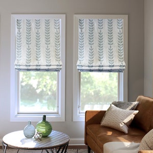 Custom order: Relaxed Roman Shades, roman shades for windows, Belgian Linen, Reverse soft blue with White Elton Vine by Spoonflower