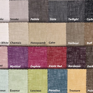 May include: Swatch card showing 18 different fabric samples in various colors and textures. The fabric samples are arranged in a grid pattern. The names of the fabric samples are listed below each sample.