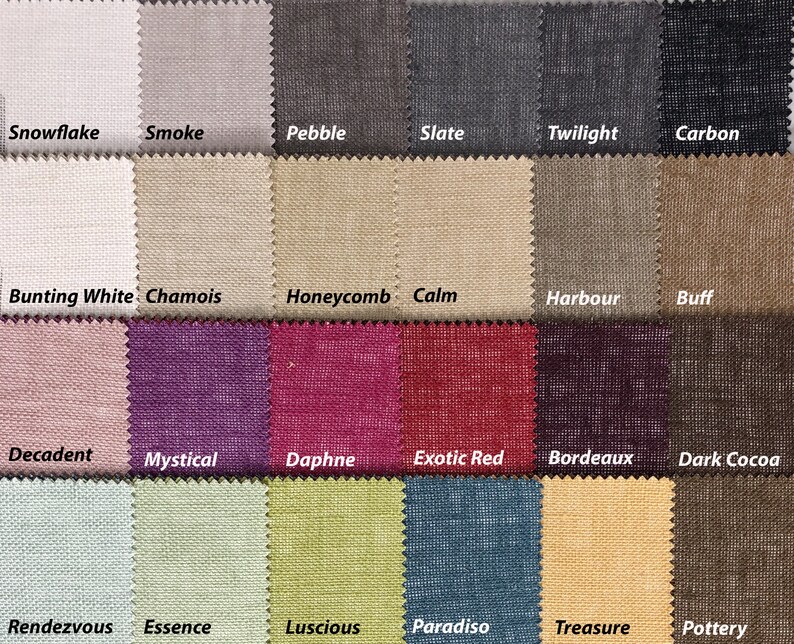 May include: Swatch card showing 18 different fabric samples in various colors and textures. The fabric samples are arranged in a grid pattern. The names of the fabric samples are listed below each sample.