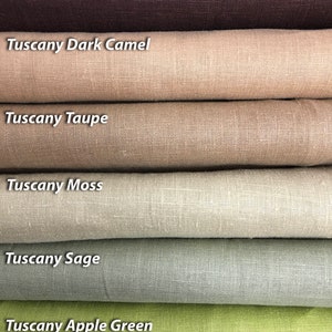 May include: Six fabric swatches in different shades of green, brown, and beige. The swatches are labeled from top to bottom: Tuscany Chocolate, Tuscany Dark Camel, Tuscany Taupe, Tuscany Moss, Tuscany Sage, and Tuscany Apple Green.