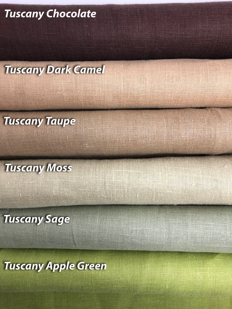 May include: Six fabric swatches in different shades of green, brown, and beige. The swatches are labeled from top to bottom: Tuscany Chocolate, Tuscany Dark Camel, Tuscany Taupe, Tuscany Moss, Tuscany Sage, and Tuscany Apple Green.