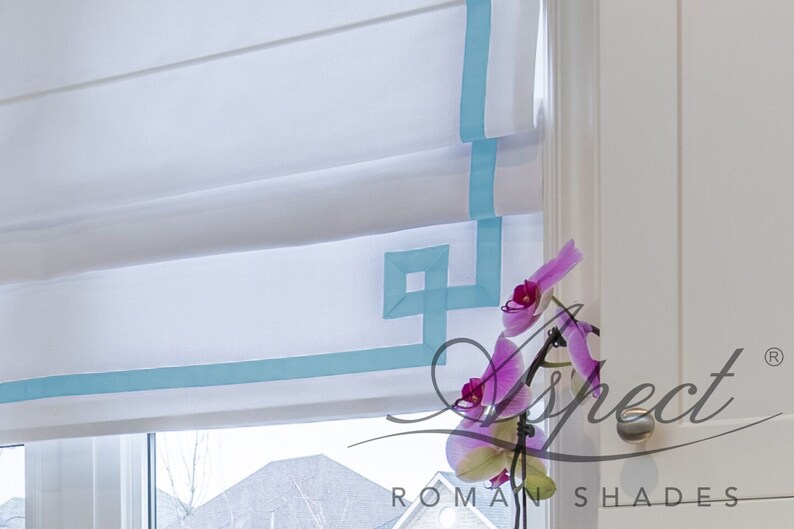 Roman Shade Greek Key Design White Linen With Baby Blue Etsy