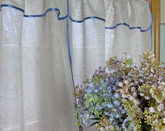Linen Café Curtains with Blue Trim | Custom Sheer Kitchen Curtains | Renter Friendly Window Treatments | Rod Pocket Café Panels