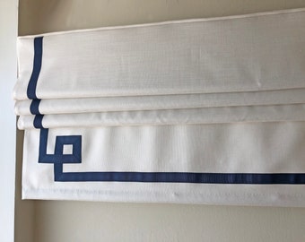 Custom Faux Linen Roman Shade, White, Greek Key Trim Valance