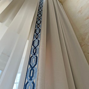 Custom Drapery with Trend trim, Cheval Fog, French Pleat, solid coloured drapes with trim, Drapery Panels with lining, custom extra length