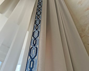 Custom Drapery with Trend trim, Cheval Fog, French Pleat, solid coloured drapes with trim, Drapery Panels with lining, custom extra length