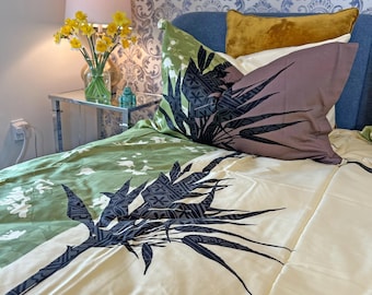 Cotton Bedding Set – Queen, Twin | Botanical Bamboo Duvet Cover with Pillow Shams | Soft Printed Comforter Set | Green Brown Neutral Bedding