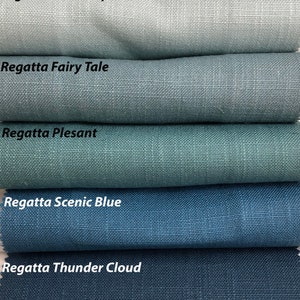 May include: Five fabric swatches in shades of blue, from light to dark. The swatches are labeled "Regatta Tear Drop", "Regatta Fairy Tale", "Regatta Pleasant", "Regatta Scenic Blue", and "Regatta Thunder Cloud".