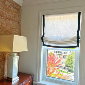 Custom Roman Shades, European Relaxed Shade, 100% Linen Roman Shades with contrasting border, chain mechanism, Roman Shades for Windows