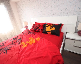 NAOMI Red Cotton Duvet Cover Bedding Set, Queen Size