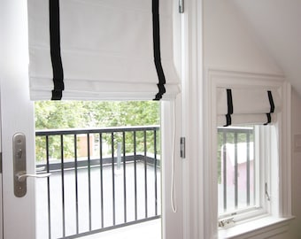 Cordless Roman Shade, "White with Black Border", custom roman shade, flat roman shade, window treatments, cordless mechanism