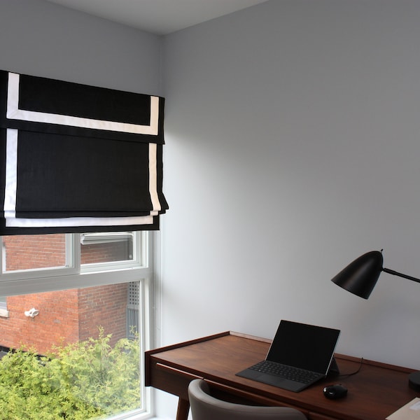 White Roman Shade With Black Trim Etsy