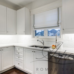 Custom Roman Shade &quot;Cheval White with Silver Border&quot;, flat roman shade with three sides inset border, chain mechanism, window treatments