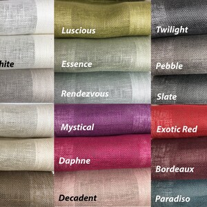 May include: A collection of 18 fabric swatches in various colors and textures, including Snowflake, Bunting White, Smoke, Chamois, Calm, Buff, Luscious, Essence, Rendezvous, Mystical, Daphne, Decadent, Twilight, Pebble, Slate, Exotic Red, Bordeaux, and Paradiso.