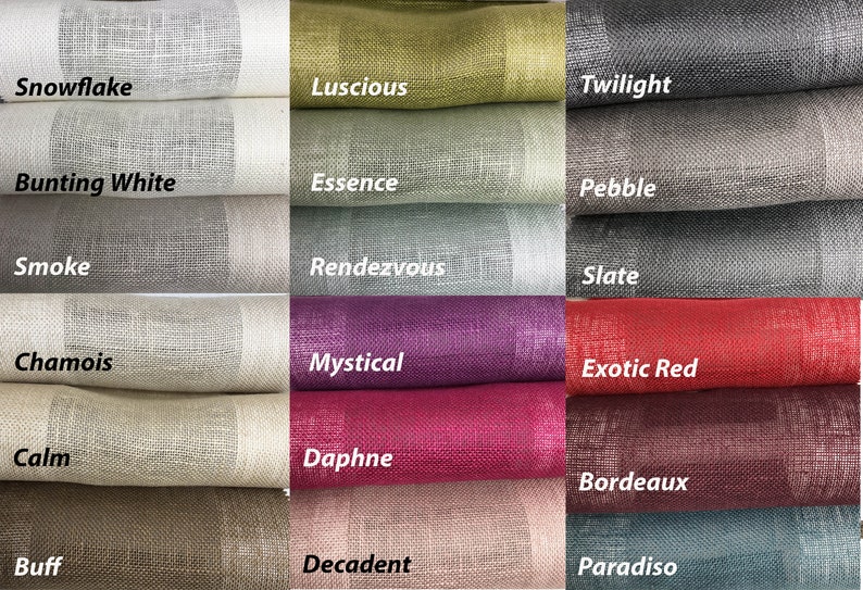 May include: A collection of 18 fabric swatches in various colors and textures, including Snowflake, Bunting White, Smoke, Chamois, Calm, Buff, Luscious, Essence, Rendezvous, Mystical, Daphne, Decadent, Twilight, Pebble, Slate, Exotic Red, Bordeaux, and Paradiso.