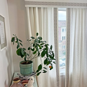 Custom Pelmet Tuscany, Custom Box Valance, 100% Linen with Trend trim,  Geometric pattern, upholstered valance with mounting hardware