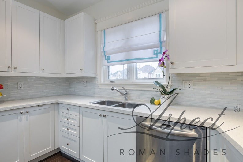 Roman Shade Greek Key Design White Linen With Baby Blue Etsy