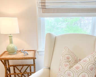 Roman Shades for windows, Schumacher Arches Embroidered Tape, Chain roman shades, custom roman shades, window treatments