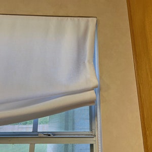 May include: A white roman shade with a white cord is pulled up to reveal a window with a white frame and a screen. The window is partially obscured by a green leafy plant outside.