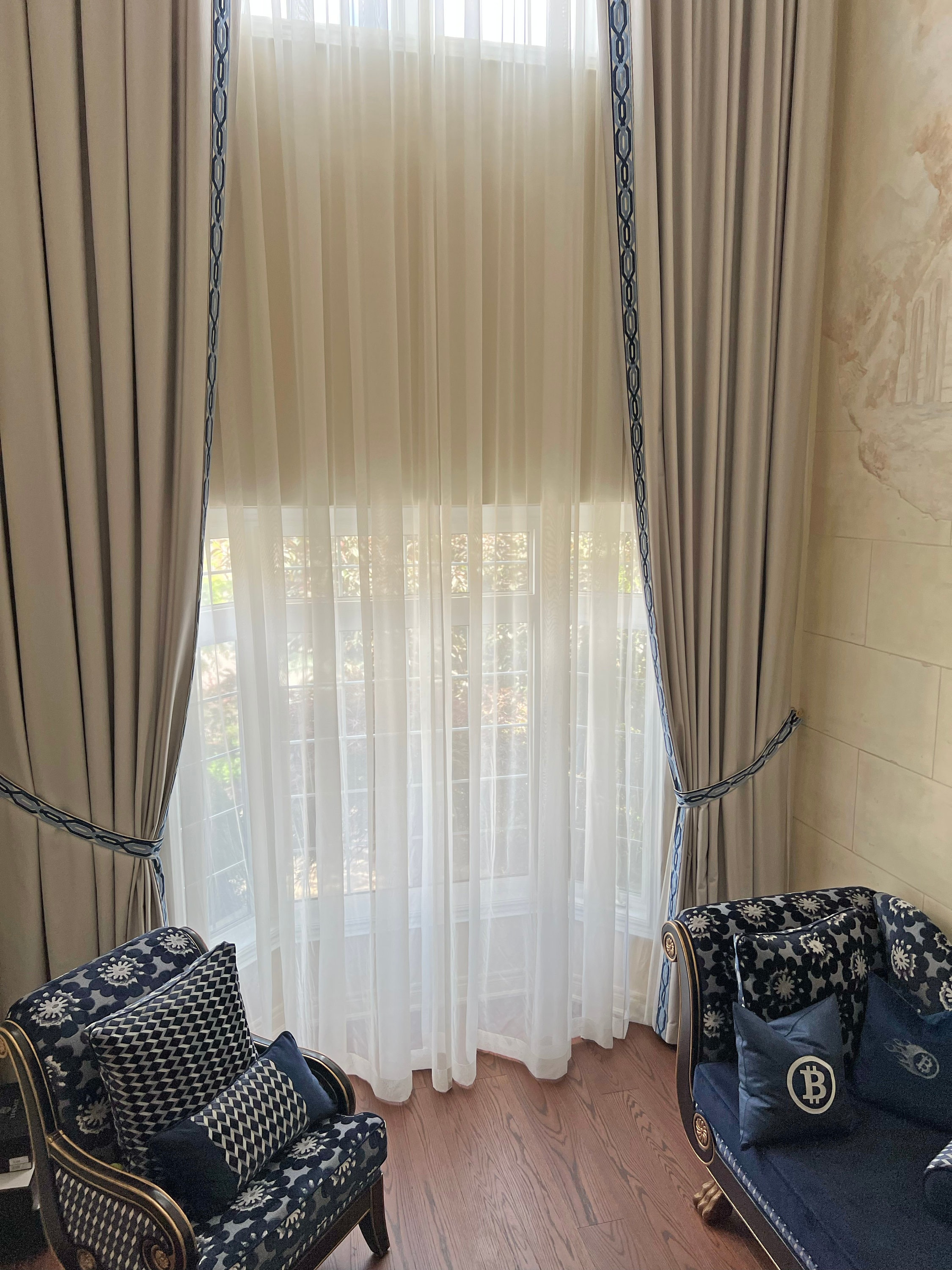 Custom Drapery With Trend Trim, Cheval Fog, French Pleat, Solid ...