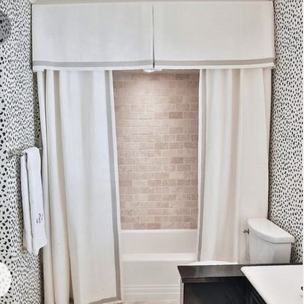Custom order:  Custom shower curtain with cornice, window treatment with hardware