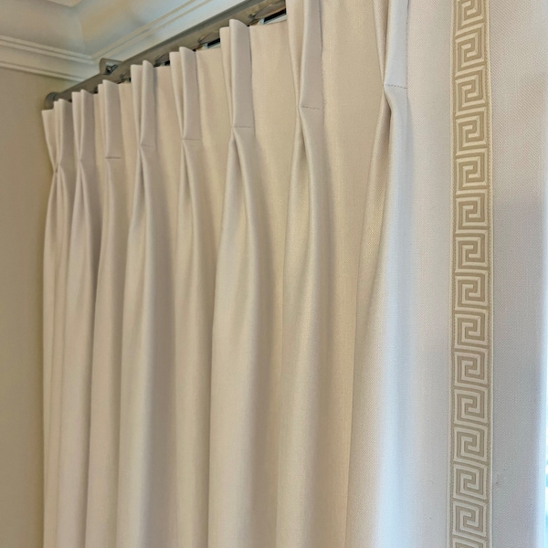 Custom Drapery panels, Pinch Pleated, solid coloured drapes with Greek Key Trim, Trim Gorgeous, Drapery Panels with lining, custom length