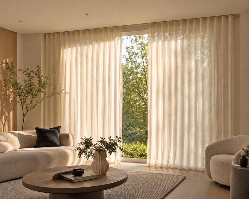 Cream sheer s-fold drapery panels gliding across a wide window wall on a discreet ceiling track - even wave folds in a neutral contemporary living room