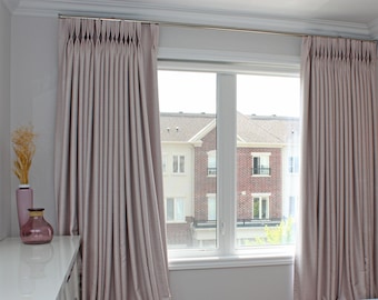 Custom Curtains, Drapery panels Como Blush, Pinch Pleat, solid pink coloured drapes, Panels with lining, custom length, window treatments