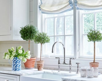 100% Linen Roman Shades, Relaxed Roman Shades,  White with Blue border, Cordless Roman shade, Roman Shades for windows, Custom Roman Shades