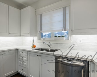 Custom White Roman Shade, Silver Border, Linen-Like Fabric