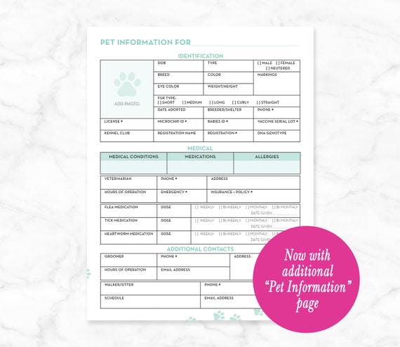 pet printable kits pet information sheet note to the pet etsy