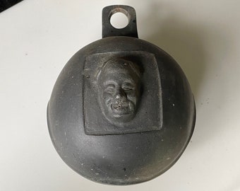 Old Chinese Bell House Iron Cast Face Luck Sculpture Vintage Mid-Century