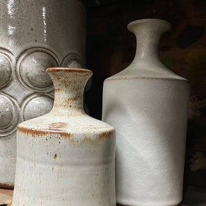 Pair White Glazed Ceramic Bottle Vases Los Artesanos Vase, and Unsigned Vintage Mid-Century Modern Puerto Rico