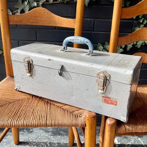 Vintage Industrial Union Made Toolbox with Enamel Blue Steel Handle Interior 1940s 1950s image 1