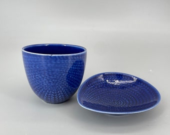 Hertha Bengtson Eld Cobalt Blue Lanyard Salt Dish and Cup Kanna Pattern Rorstrand Sweden Vintage Scandinavian Mid-Century Spice Saki