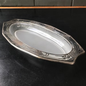 Fish Motif Silver Inlay Glass Oval Bowl Dish Boat Platter Centerpiece Vintage Mid-Century image 1